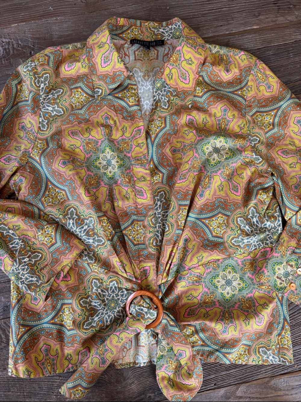 LaFayette 148 cotton brown pink paisley front‎ tie button down NWOT size 16 - Picture 2 of 11